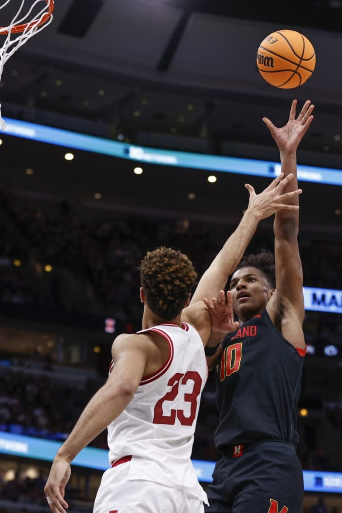 Maryland's Julian Reese (10) shoots against Indiana Hoosiers forward Trayce Jackson-Davis (23) during the first half at United Center.